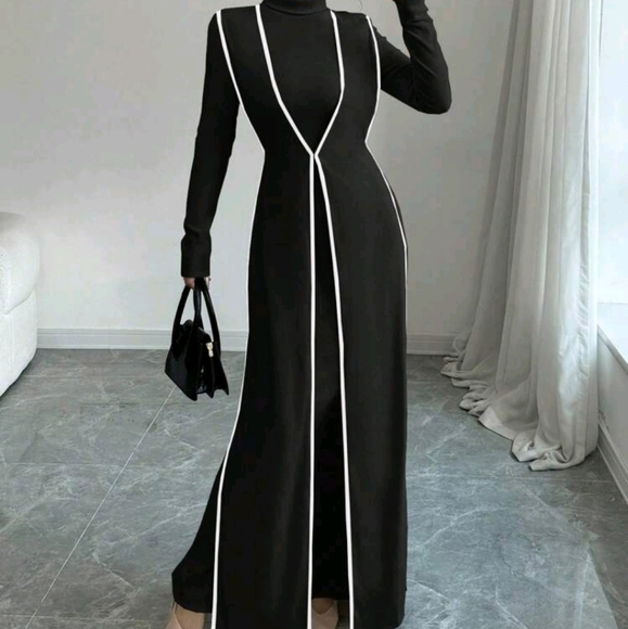 2pcs Set Knitted Ribbed Turtleneck Color Block Dress For Women - Picture 5 of 7